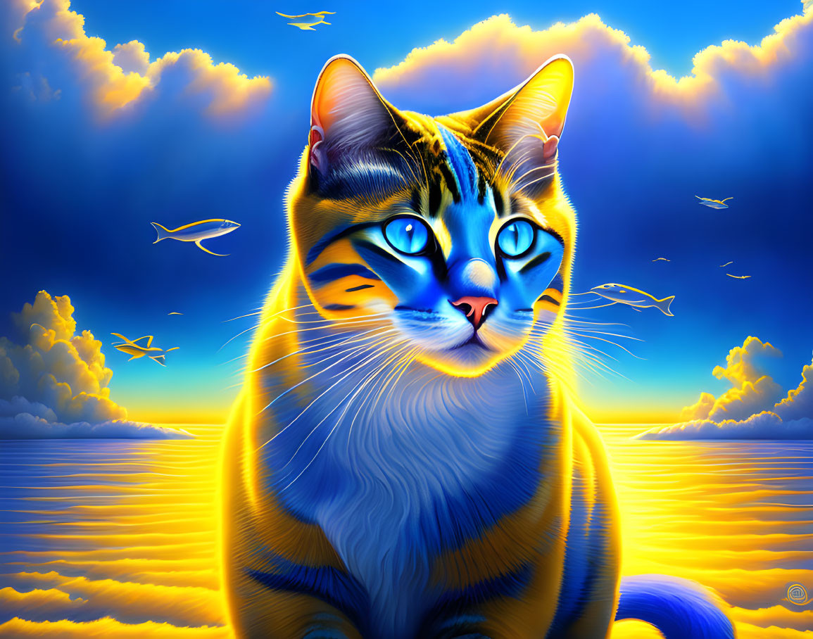 Blue-eyed cat in sunset ocean scene with clouds and seagulls