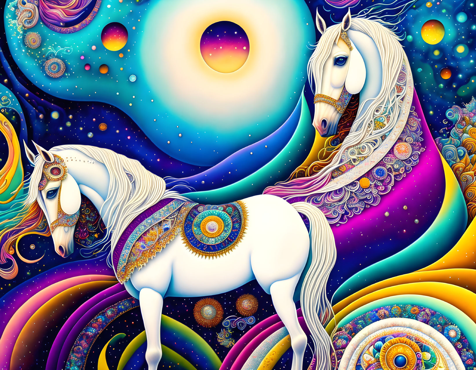 Colorful Psychedelic Artwork: White Horses with Cosmic Patterns