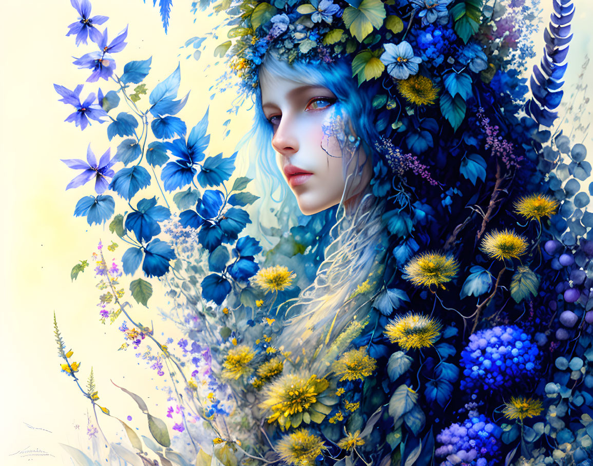Surreal portrait of person with blue hair and flowers in vibrant blue and yellow flora