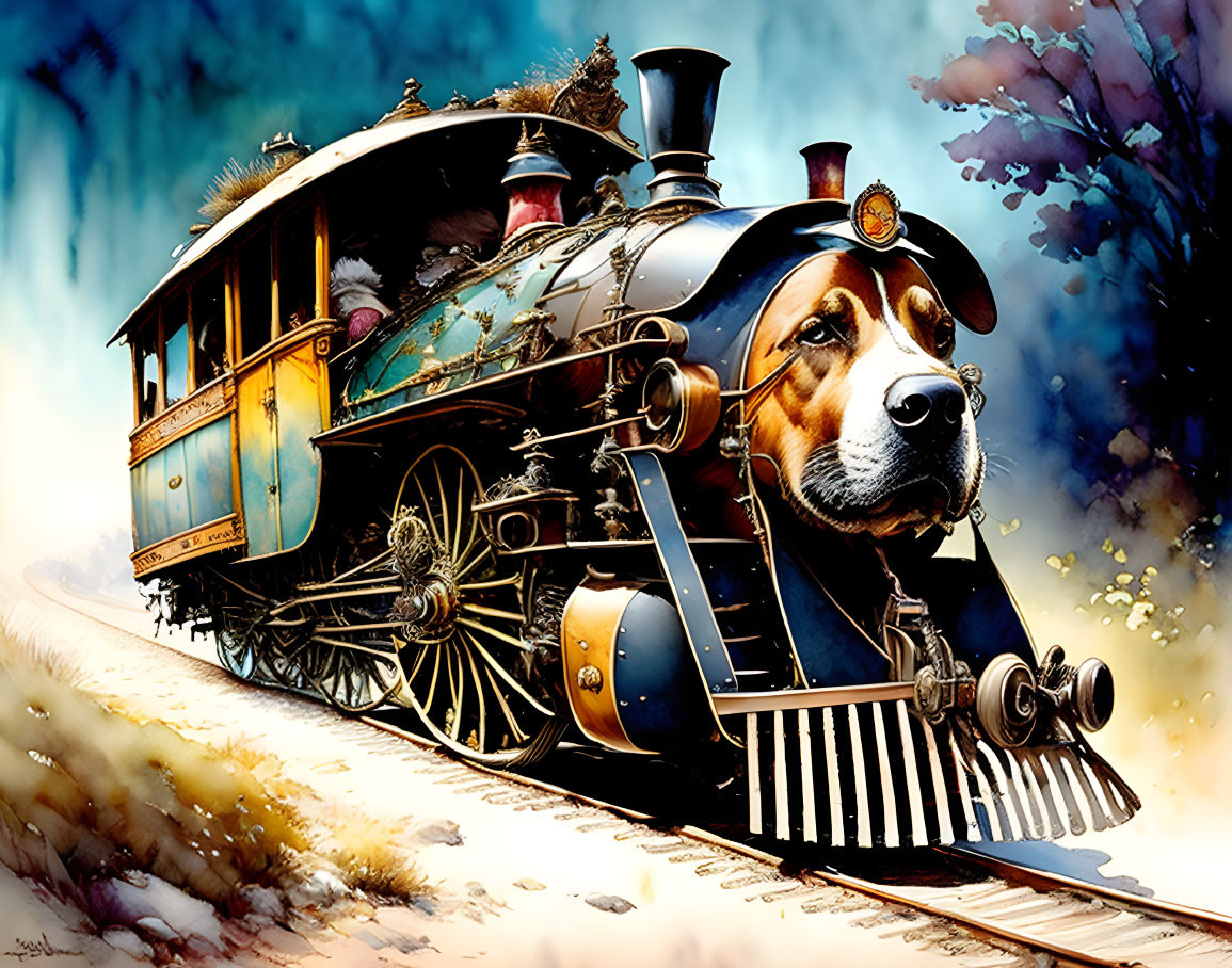 Old man driving dog locomotive with handle,