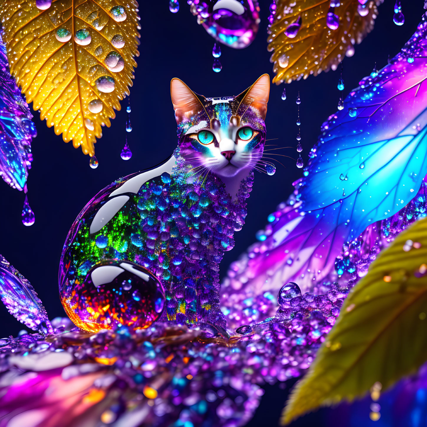 Colorful Digital Artwork: Cat with Jewel-like Texture Among Vivid Leaves