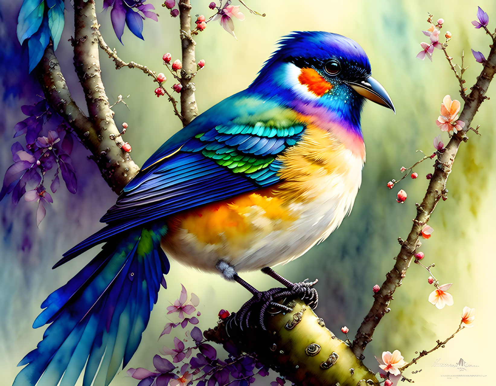 colorful bird nightingale, watercolor painting