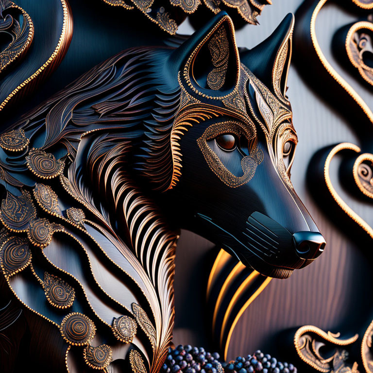 black wolf, infinite detail, wood carving with int