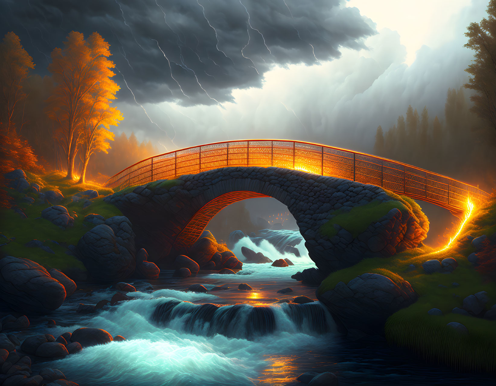 A lighted burning bridge over a wild,