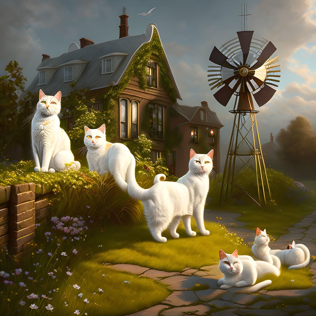 Five white cats with orange spots in garden setting at sunset