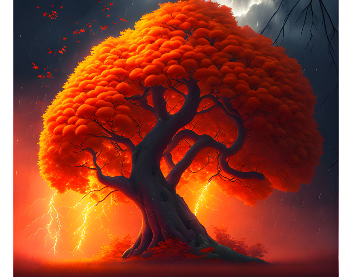 Vivid illustration of solitary tree under stormy sky with lightning and swirling red leaves