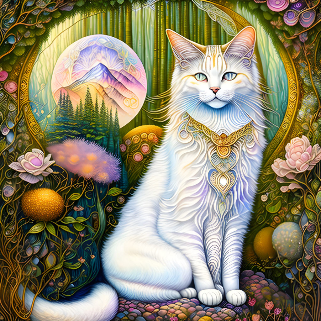 White Cat with Necklace in Vibrant Forest Setting under Crescent Moon
