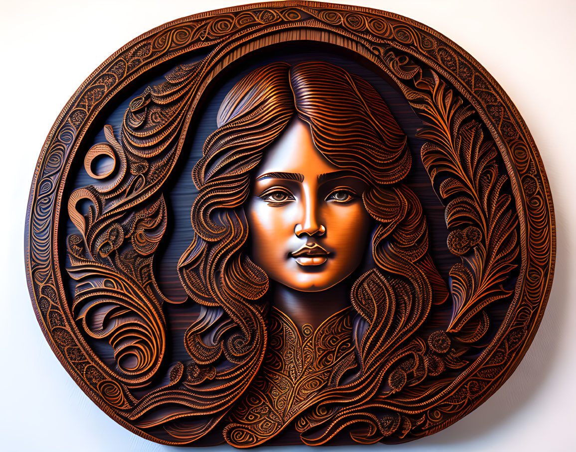 Beautiful girl with wavy hair, wood carving