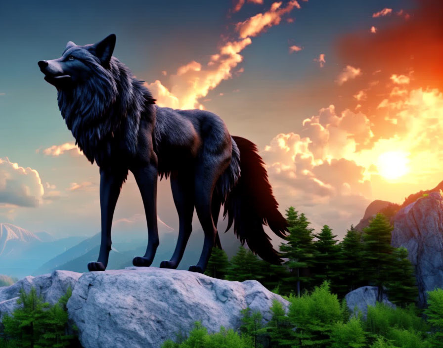 Majestic wolf on rocky outcrop at sunset with forest view