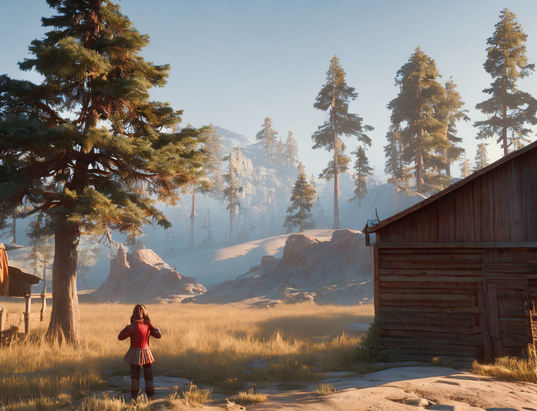 Child in Red Hood near Wooden Cabin in Serene Forest