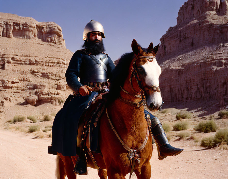 Knight on Brown Horse in Desert with Erosion Formations
