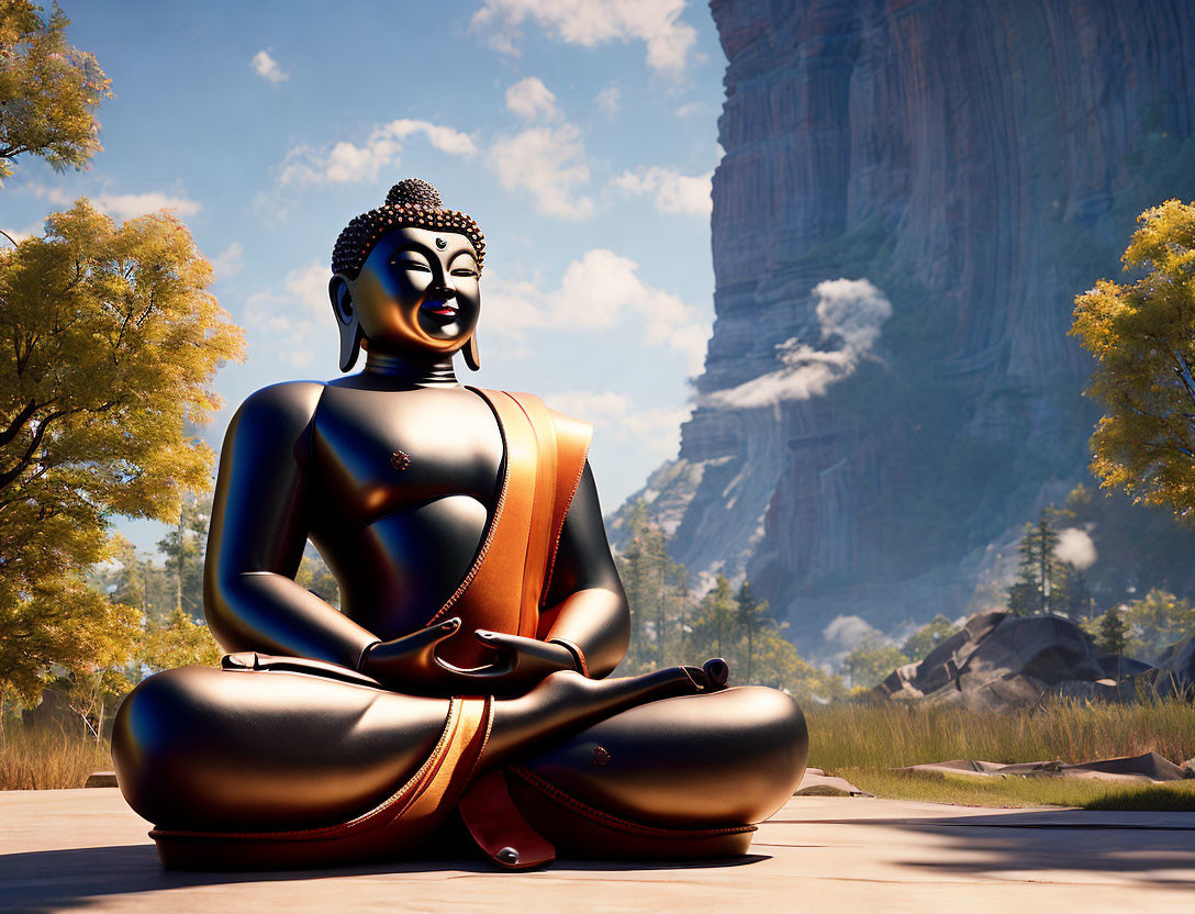 Buddha statue in meditative pose with scenic backdrop