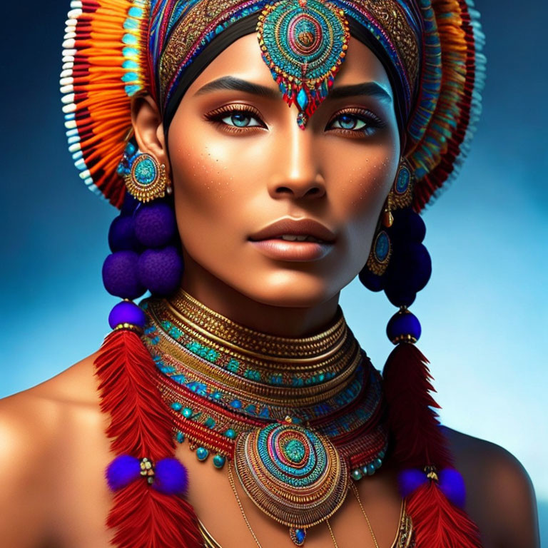 Woman in vibrant blue, gold, and red jewelry on blue background