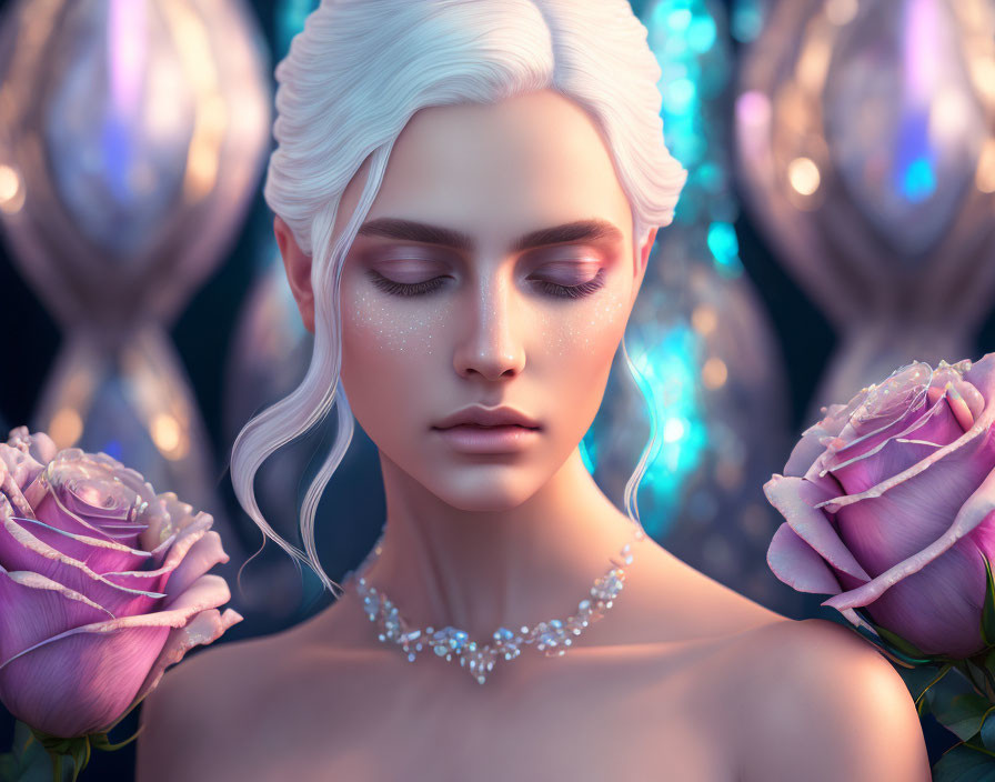 Serene fantasy figure with white hair, closed eyes, glowing orbs, and pink roses