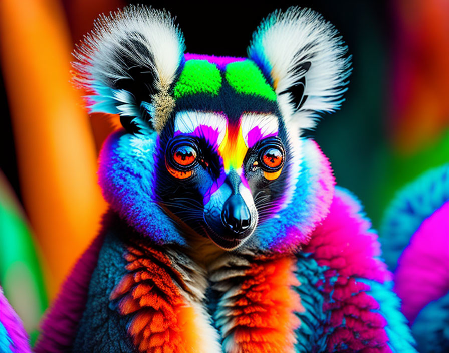 Colorful Lemur in Green, Pink, Orange, and Blue on Multicolored Background