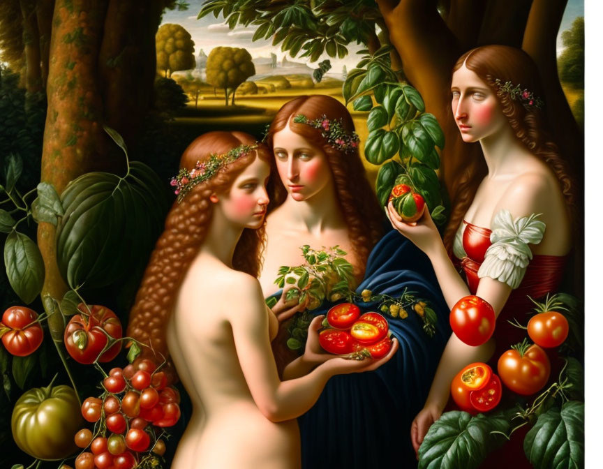Three women in floral crowns with ripe tomatoes in a garden landscape