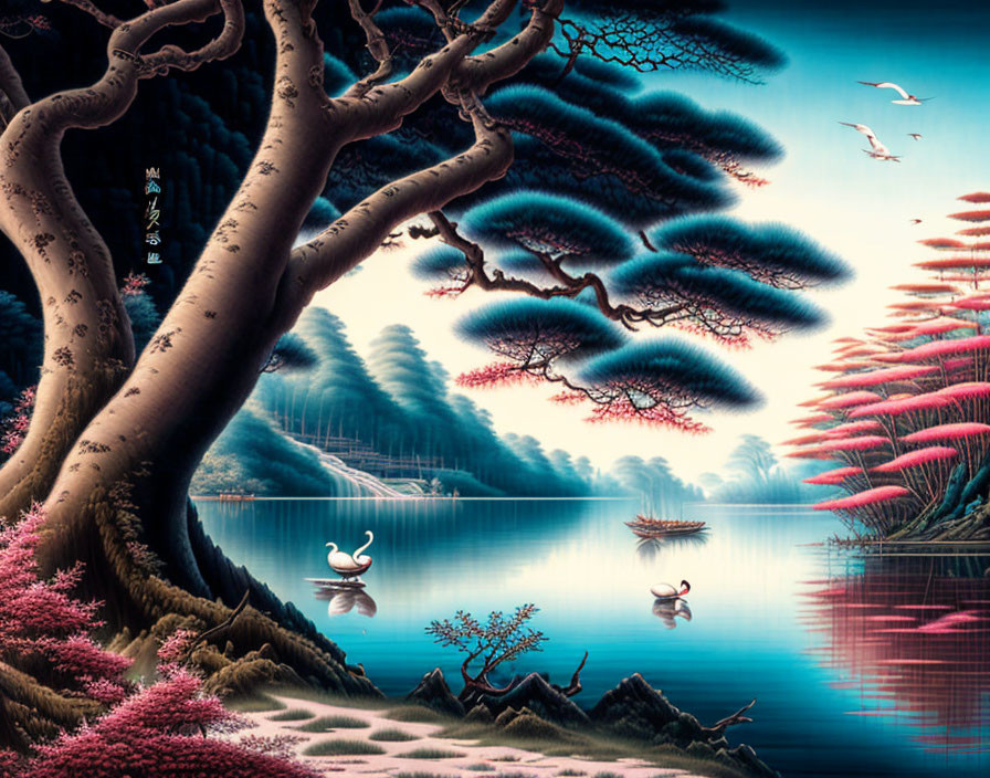 Tranquil landscape with pink and blue trees, swans on lake, boat, and birds in