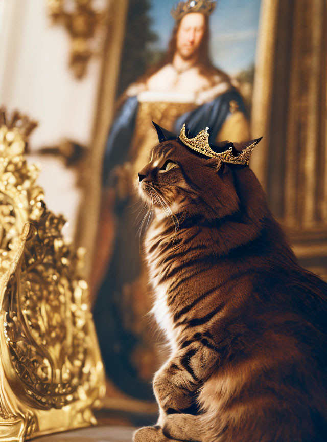 Regal Cat with Crown Posing in Front of Classic Portrait Painting