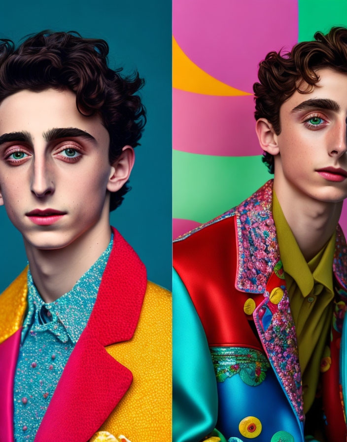 Split image of young man with curly hair: one side colorful makeup, other side natural, against vibrant