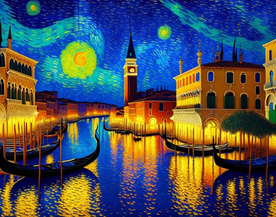 Colorful Venice Painting: Gondolas, Buildings, Starry Night Sky