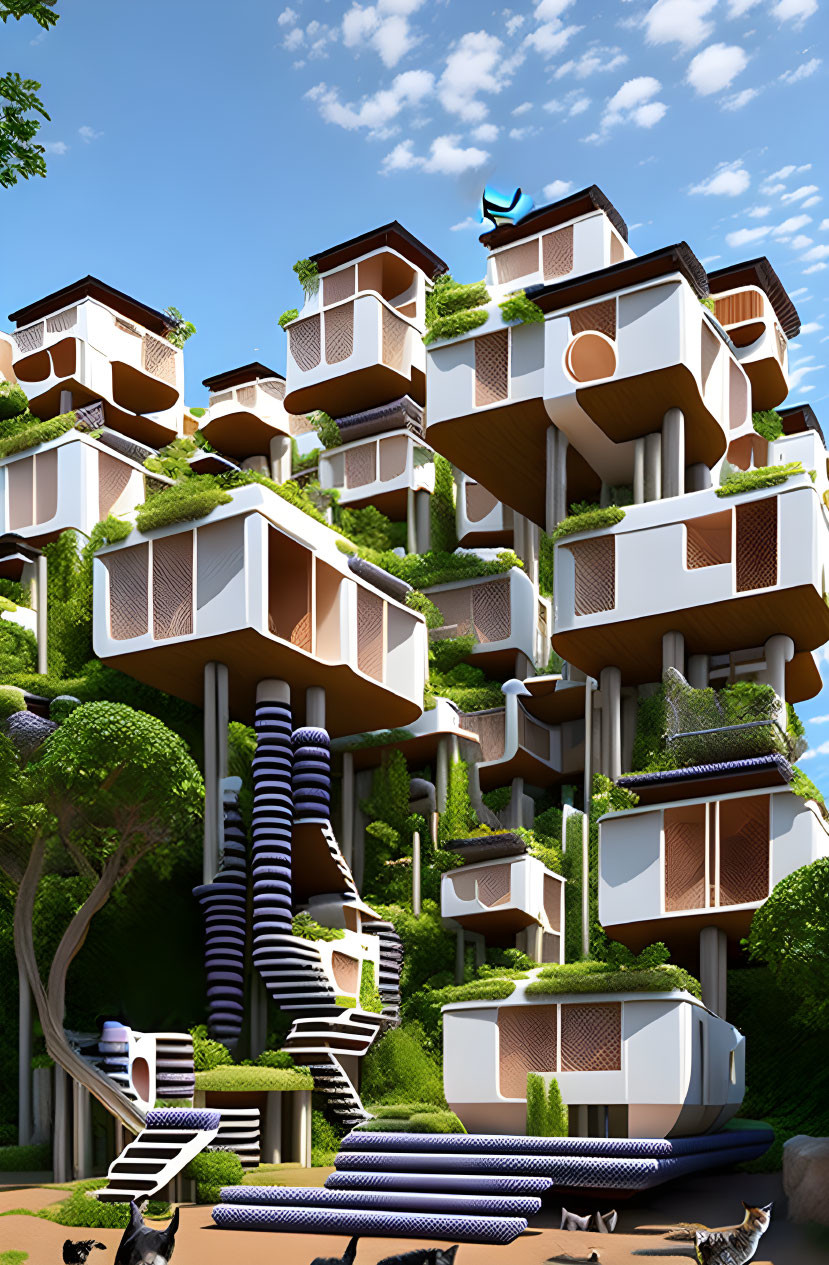Modern multi-level architecture with green terraces and spiraling stairs in forest setting