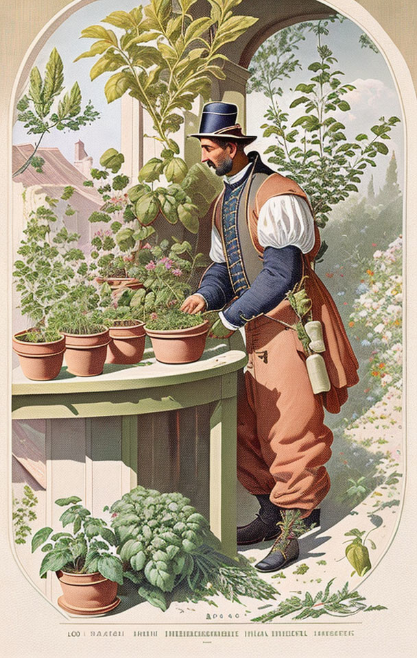 Vintage Illustration: Man with Beard and Top Hat Tending Plants on Balcony
