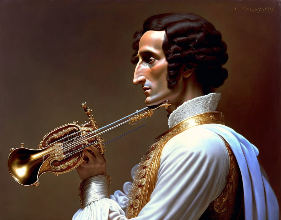 Detailed painting of a person with a violin in classical attire