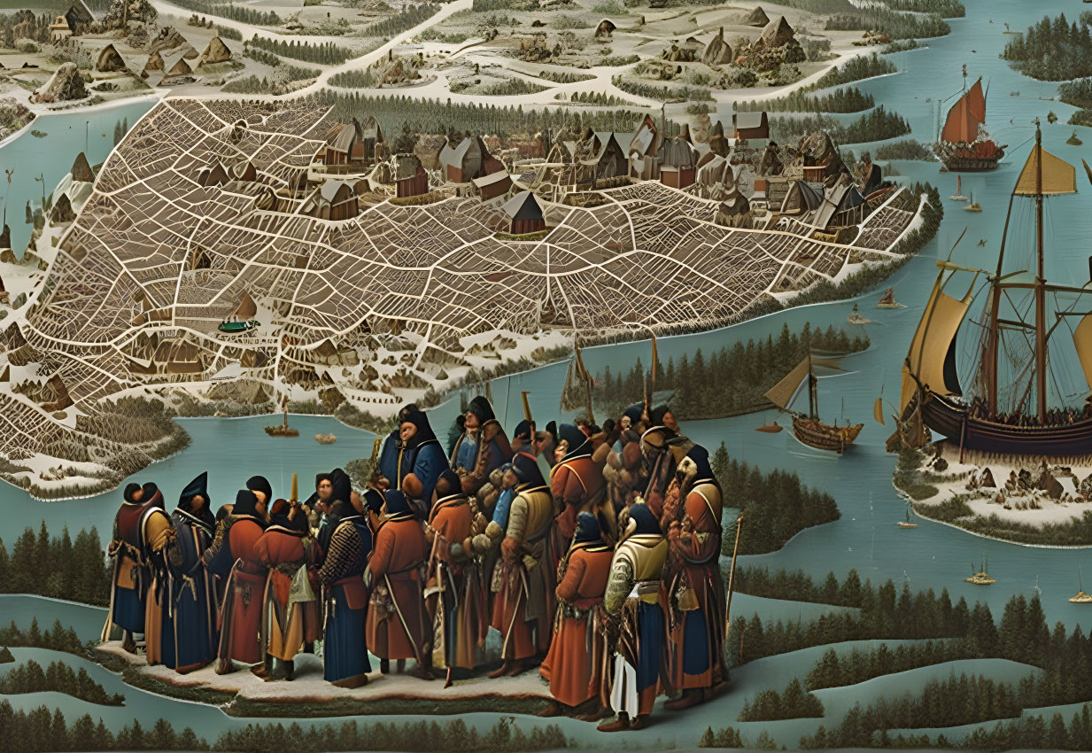 Historical painting of uniformed men on hill overlooking fortified city and harbor.