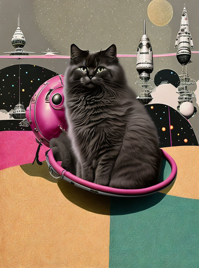 Black Cat on Pink Hover Device in Cosmic Sky with Planets & Rockets