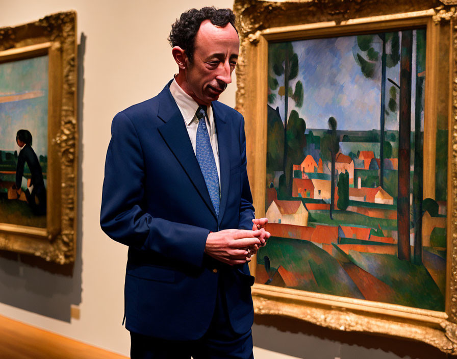 Person in Dark Suit Contemplating Colorful Landscape Paintings in Art Gallery
