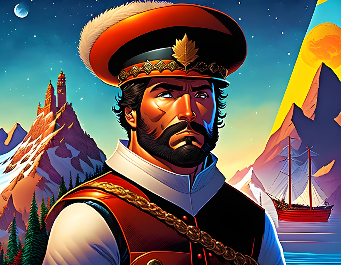 Regal man in historical military uniform with mountains, castle, and sailing ship.