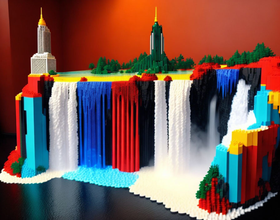 Vibrant Lego diorama: waterfall, skyscrapers, red-orange backdrop