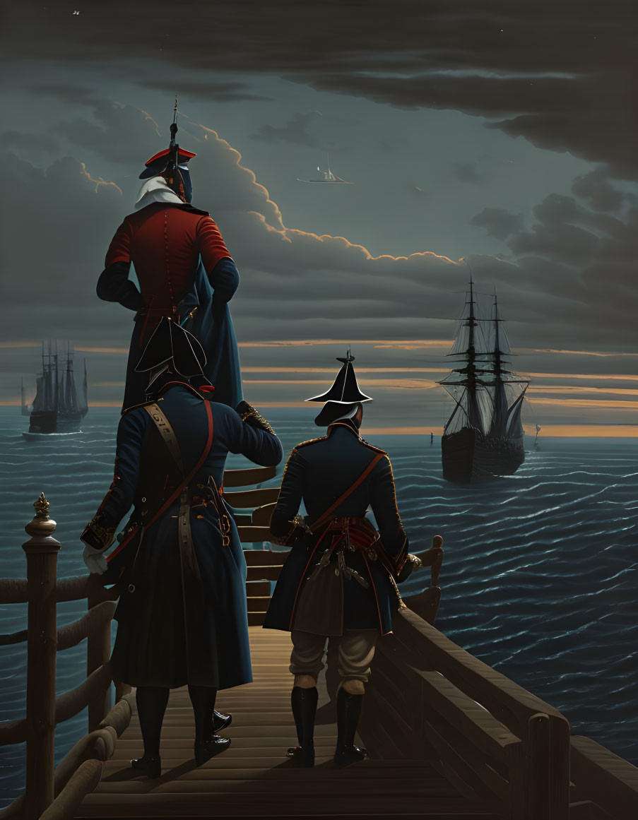 Colonial-era soldiers on wooden dock under twilight sky
