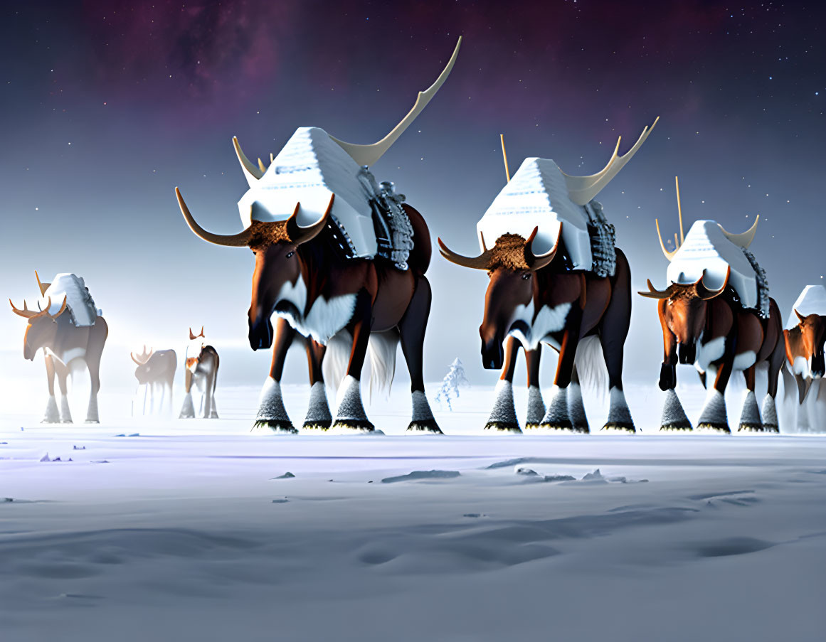 Stylized oxen with curved horns carrying cabins in snowy twilight