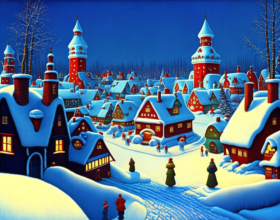 Snow-covered winter village at night with colorful figures and starry sky