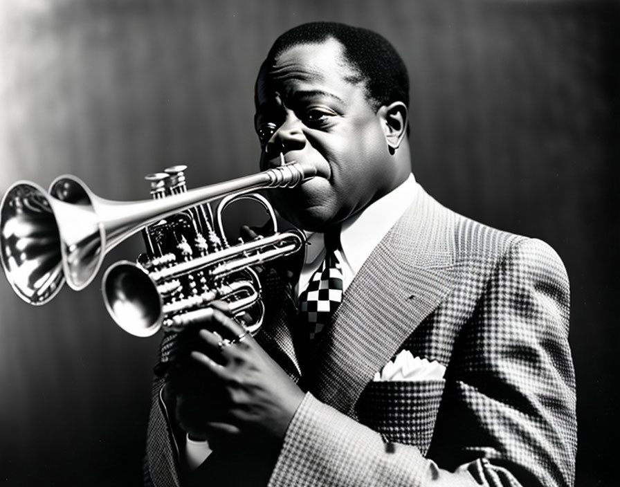 Monochrome image of stylish man playing trumpet