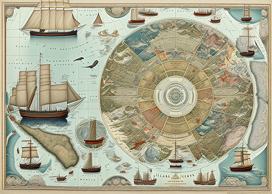 Vintage-style Earth hemispheres map with sailing ships, sea monsters, wind rose, and compass design