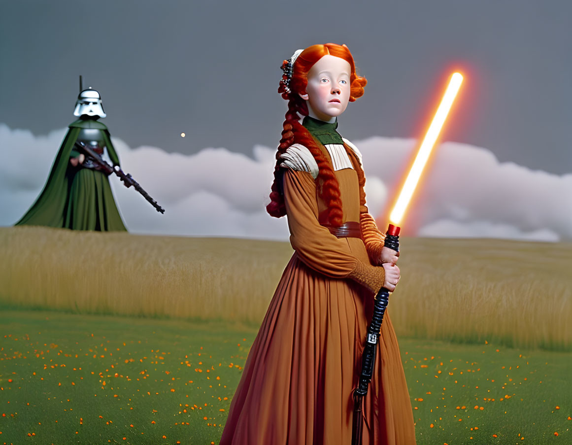 Red-haired girl with lightsaber in field with cloaked figure and green skies