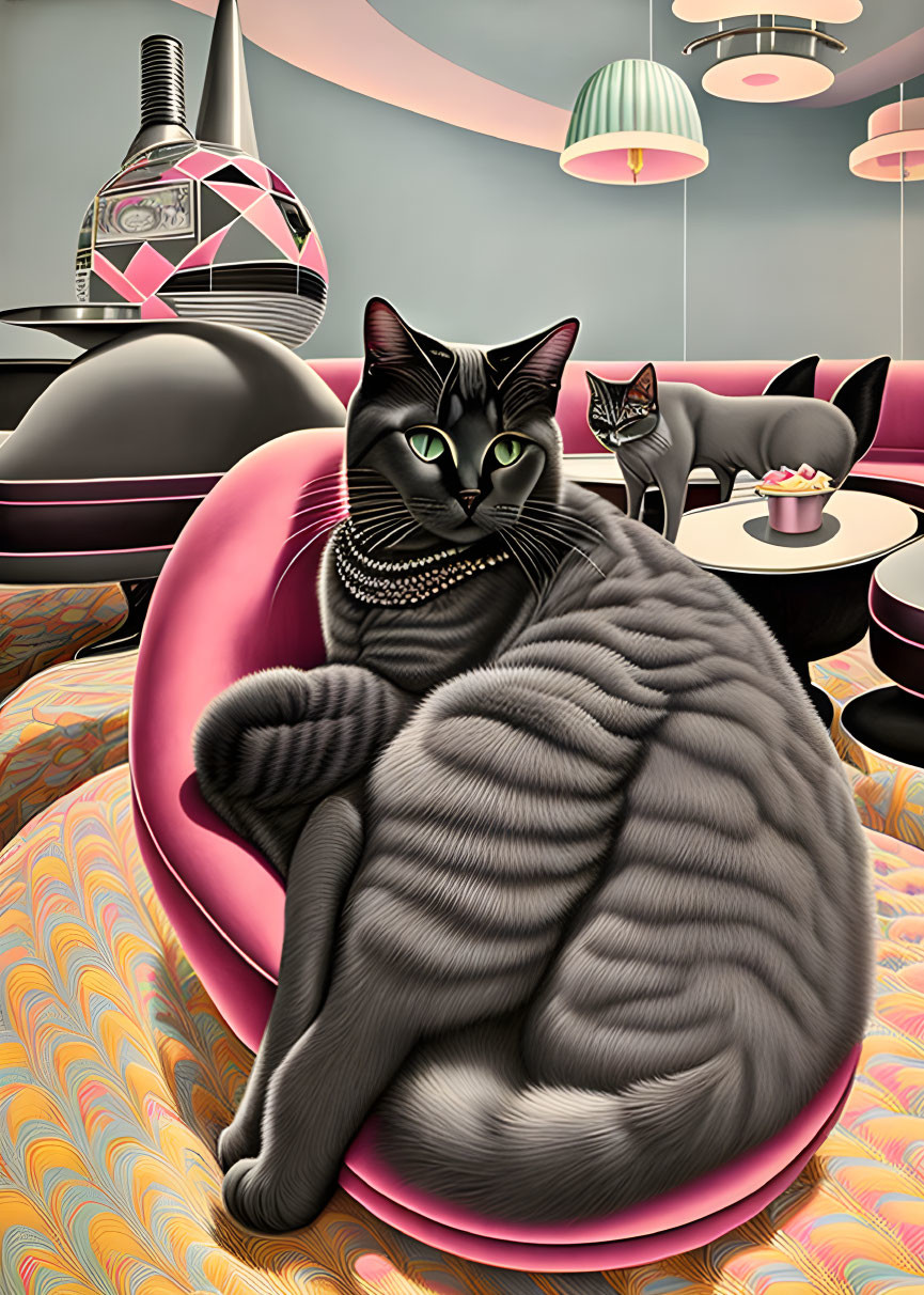 Stylized black cat with green eyes on pink chair in retro-modern room