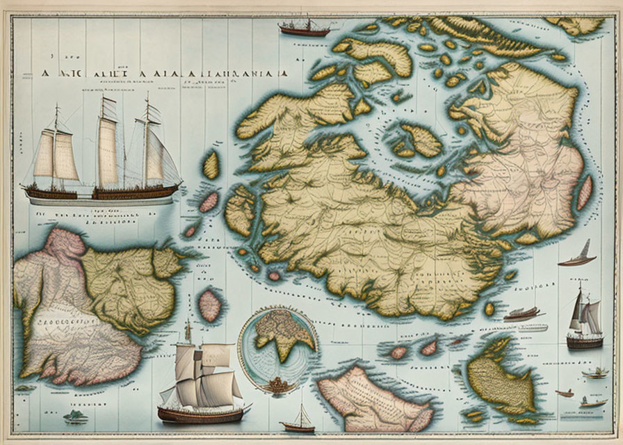Detailed Vintage-Style Map of Fictional Islands with Ships, Sea Monsters, and Ornate Cartography