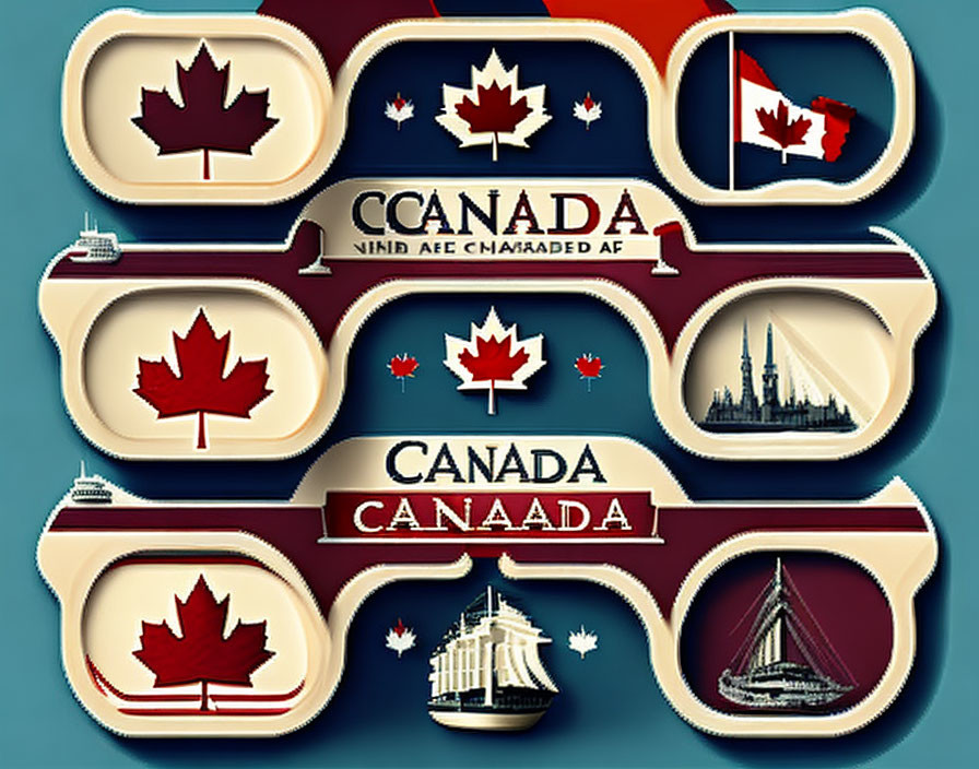 Canada-themed graphic with maple leaves, flag, ship, and landmark building.