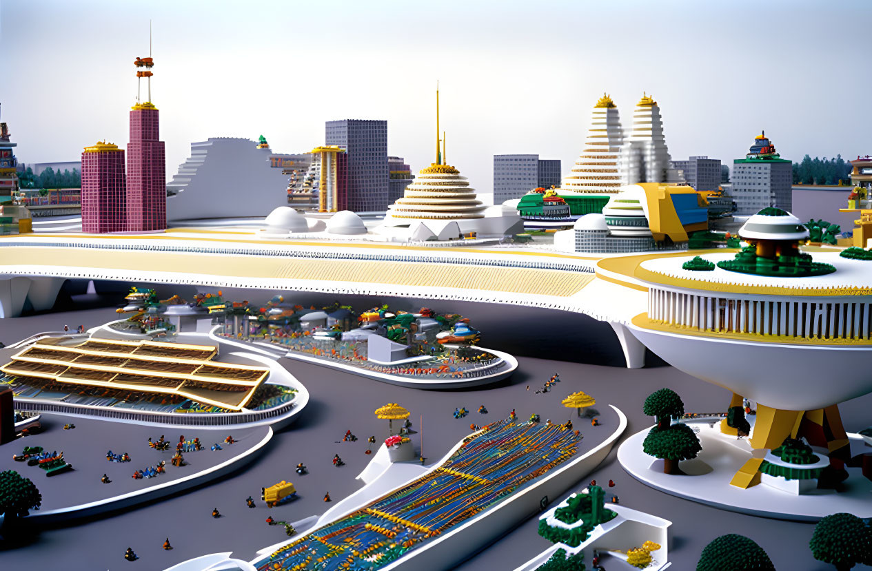 Colorful LEGO Cityscape with Elevated Roads & Miniature Figures