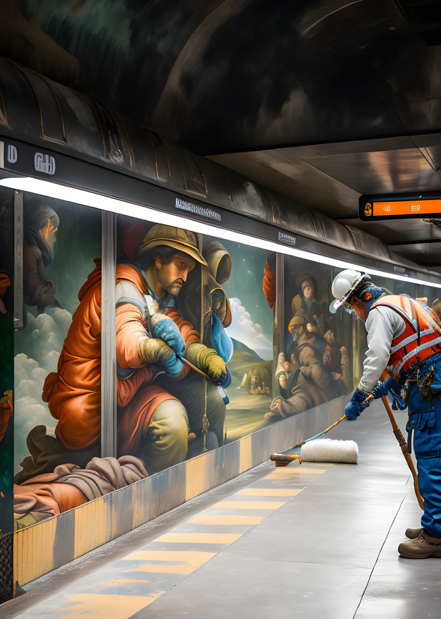 Subway station floor being painted with classical-style artwork on walls