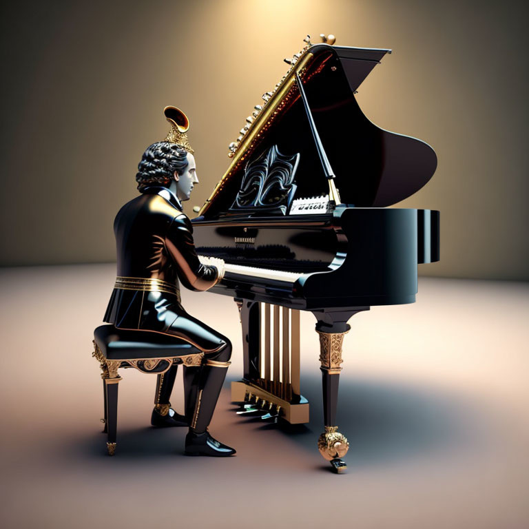 Elegantly dressed figure playing grand piano with angel halo.