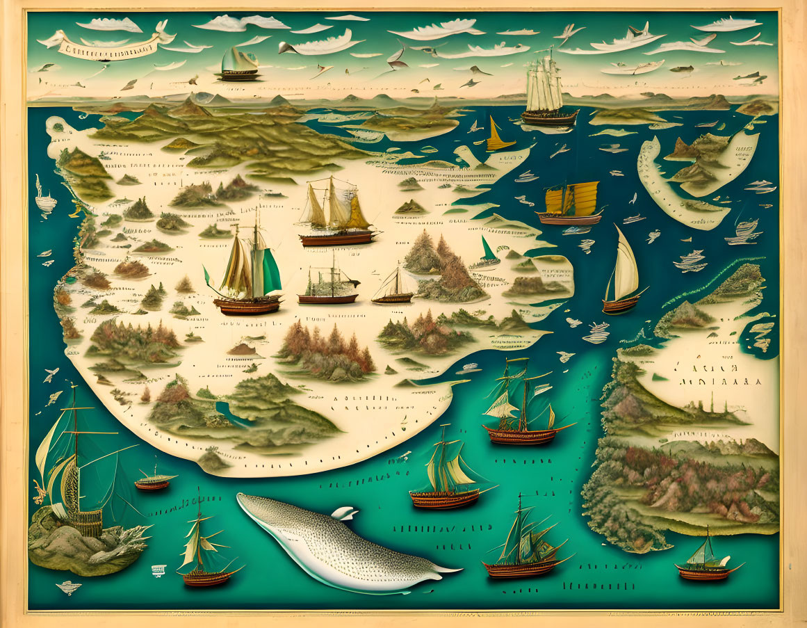 Vintage-style maritime map featuring sailing ships, sea creatures, islands, and ornate borders