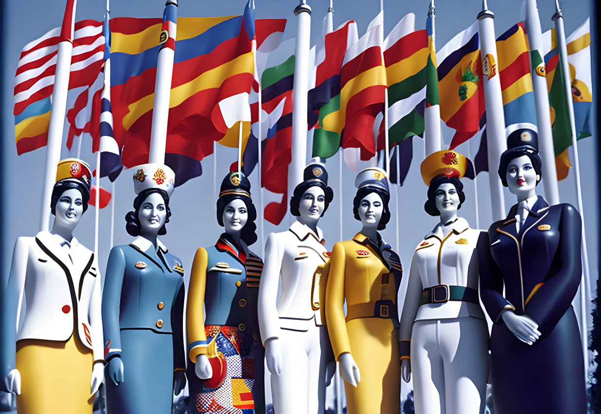 Seven women in diverse military uniforms with international flags background.