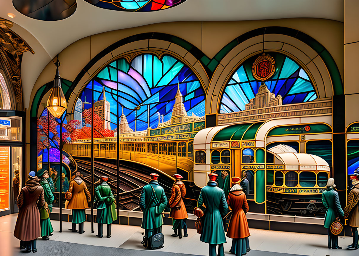 Vibrant vintage scene with people and stained glass window of train station