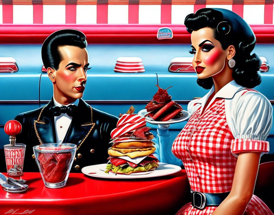 Retro diner scene with sharply dressed man and waitress, sandwich, vintage decor