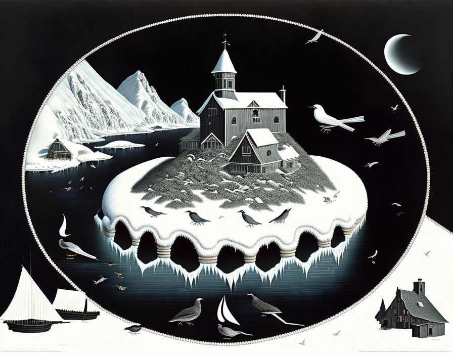 Monochromatic circular artwork featuring church, mountains, birds, house, island.