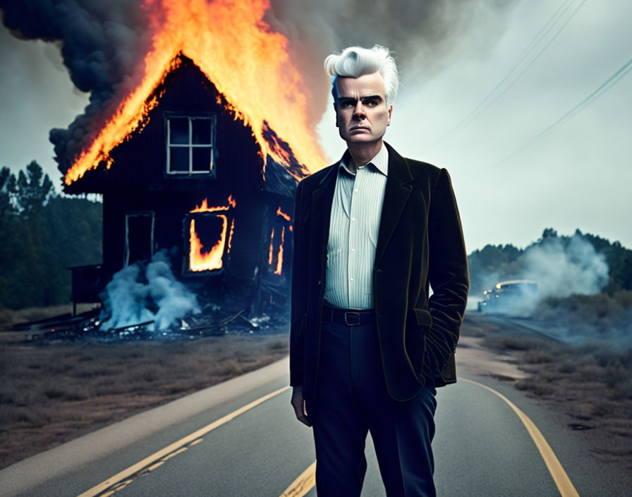 Man with White Hair Stands in Front of Burning House in Dark Suit